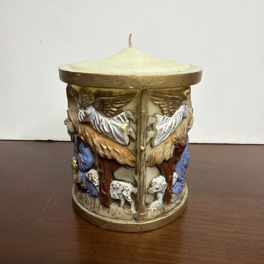 Vintage Lenox‎ Handpainted Nativity Candle Pillar Christmas Decor 1970 Gold Trim